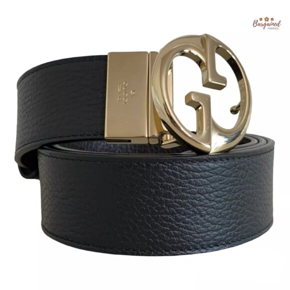 Authentic Gucci Black/Brown Pebbled Calf Leather Reversible Gold 1973 Belt 95/38 - Picture 1 of 12